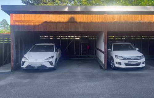 two cars are parked in a car garage at Nice Apartment In Nedenes With Wifi in Nedenes