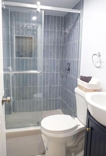 a bathroom with a shower with a toilet and a sink at One bedroom apartment with AC and WiFi in the Bronx in Williams Bridge
