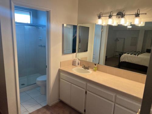 a bathroom with a sink and a toilet and a mirror at Quaint Vintage Ranch Style 4BedRoom 2Bath Sleeps 10 in Lancaster