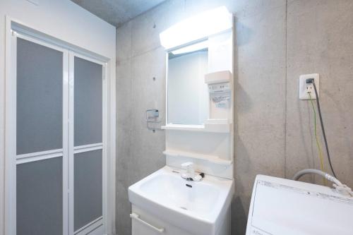 a bathroom with a toilet and a sink and a mirror at Ferio Kamata II in Tokyo