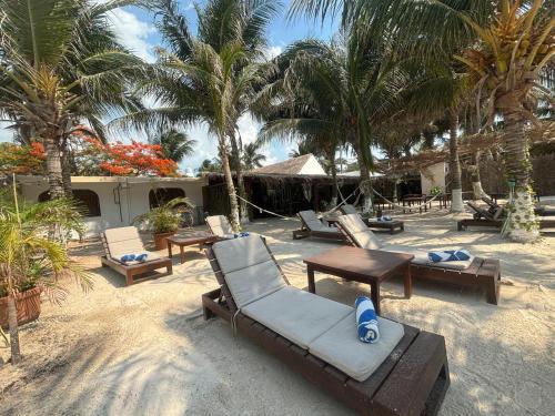 a beach with chairs and tables and palm trees at La Diosa Kali Beach Front Hotel in Holbox Island