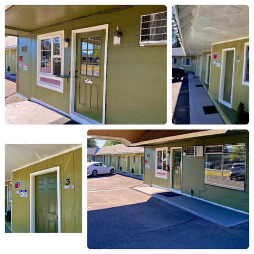 a collage of three pictures of a building at Chalet Motel - Affordable Stay in Central Bend in Bend