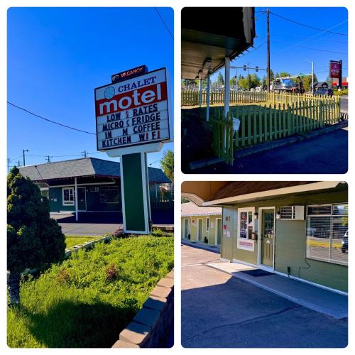 a collage of three pictures of a motel at Chalet Motel - Affordable Stay in Central Bend in Bend