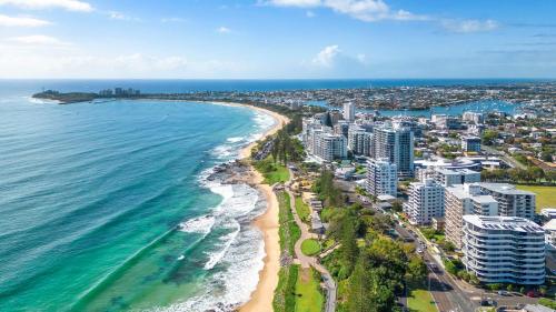 an aerial view of the beach and the ocean at Northwind Beachfront Apartments in Mooloolaba