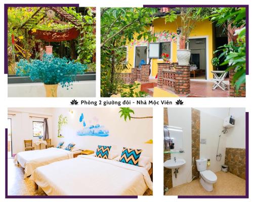 a collage of three pictures of a hotel room with beds at Hue Lotus Homestay in Hue