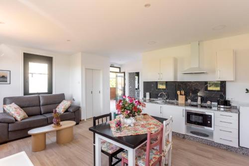 a kitchen and living room with a couch and a table at Apartamentos A Chousa in Valdoviño