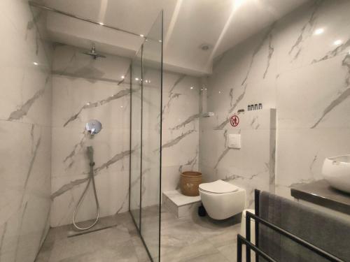 a bathroom with a glass shower and a toilet at Luxury Living Peramos in Néa Péramos