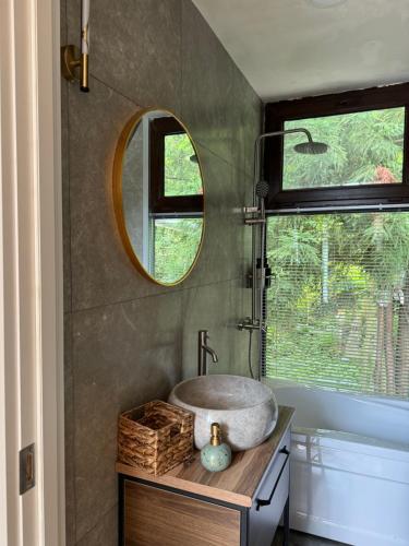 a bathroom with a sink and a mirror at SamebaHill in Batumi
