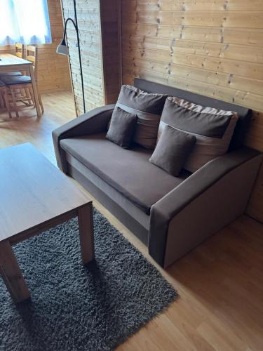 a couch with pillows on it in a living room at Chata Čertovy hlavy in Želízy