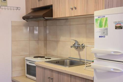 a kitchen with a sink and a stove at Hotel Geromichalos in Paralía Skotínis
