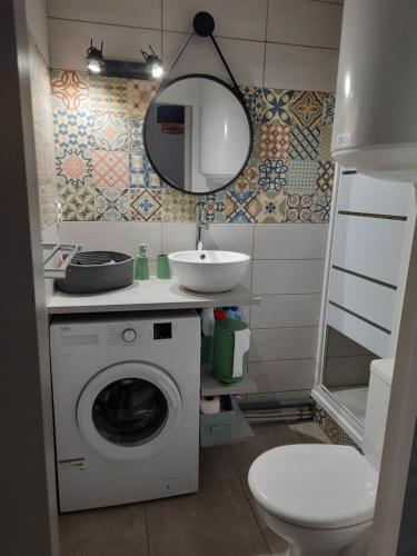 une salle de bain avec une machine à laver et un lavabo dans l'établissement L'attrape rêves du Cap d agde, au Cap d'Agde