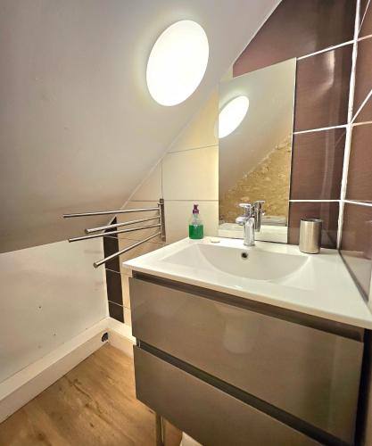 une salle de bain avec un lavabo et un miroir dans l'établissement Les gîtes des Châteaux - Les Brûleries, à Vallières-les-Grandes