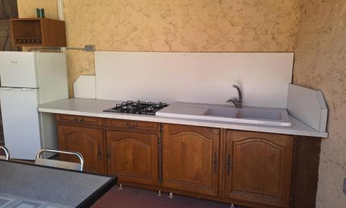 une cuisine vide avec évier et réfrigérateur dans l'établissement maison avec terrasse du valleroy, à Joinville