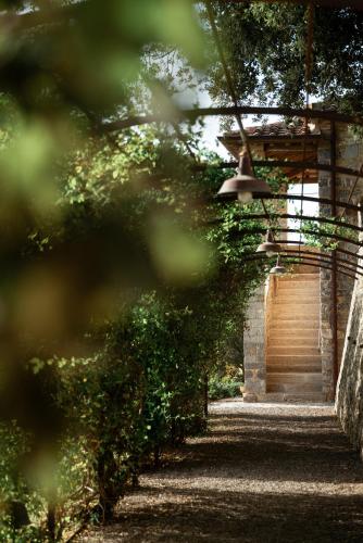 a path leading up to a building with a lamp at Tenuta CastelGiocondo in Montalcino