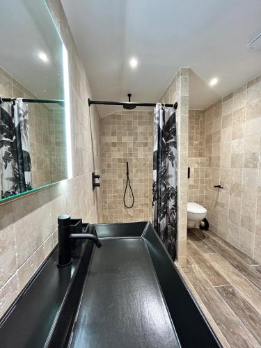 une salle de bain avec un lavabo et une douche dans l'établissement Les Cachots, à Roussillon