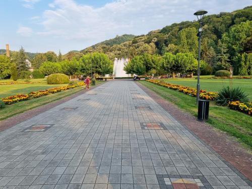 a walkway in a park with flowers and a fountain at Apartman Jelena II in Banja Koviljača