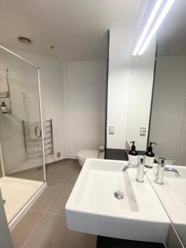 a white bathroom with a sink and a toilet at Modern Apartment With Pool and Gym in Napier