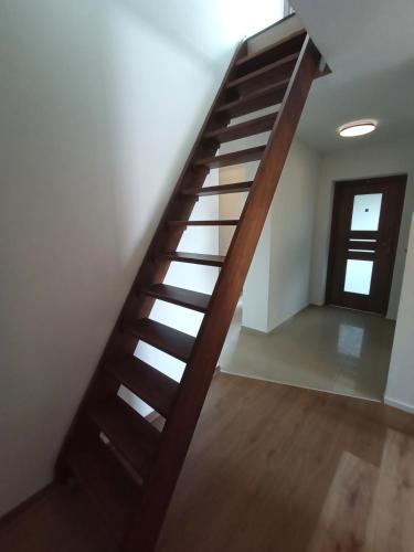a wooden staircase in a room with a door at Lemuria Pokoje Hostel Chojnowska A in Legnica