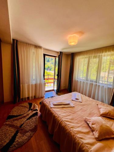 a bedroom with a large bed and a window at Pensiunea Roua - Mountain View in Sinaia