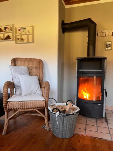 a living room with a chair and a fireplace at Ferienhaus Buren-Hof in Bodenfelde
