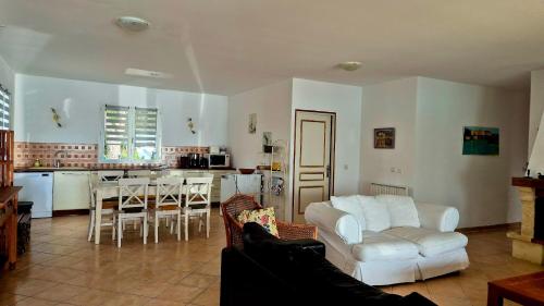 un salon avec un canapé blanc et une cuisine dans l'établissement Villa L'Alivu, à Canale-di-Verde