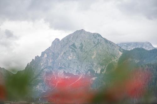 a large mountain in the distance with a redensity at Hotel Condor in San Vigilio Di Marebbe