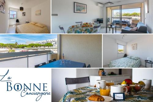 un collage de photos d'une chambre et d'un salon dans l'établissement Le Nautilus Proche Plage Clim Parking privé wifi Proche Montpellier, à Carnon-Plage