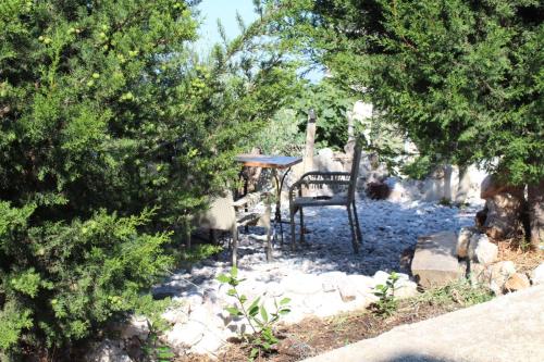a table and a chair in a yard with trees at Captain's View in Dobra Voda