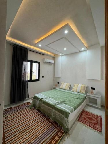 een slaapkamer met een groot groen bed in een kamer bij Dar FATMA in Houmt Souk