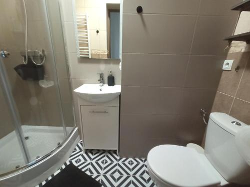 a bathroom with a toilet and a sink and a shower at Lemuria Pokoje Hostel Chojnowska A in Legnica