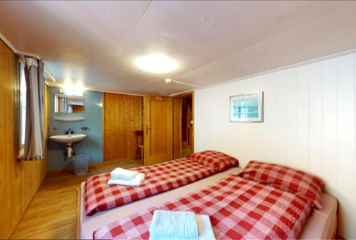 a hotel room with two beds and a sink at Gadmen Alpenrose, Switzerland in Gadmen