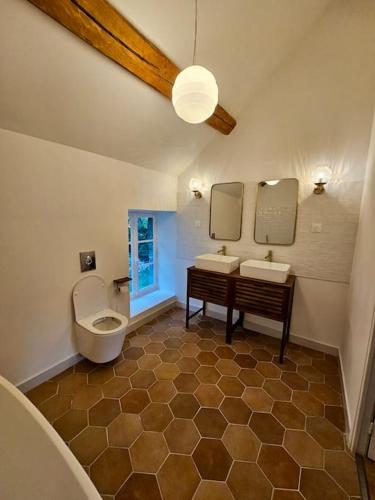 La salle de bains est pourvue de toilettes, d'un lavabo et d'un miroir. dans l'établissement Grand Ferme entièrement rénovée - 1h de Paris 8pax, à Frétoy