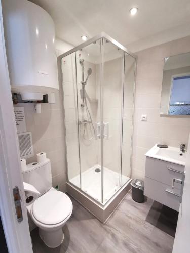 une salle de bain avec une douche, des toilettes et un lavabo dans l'établissement L'Authentique - Les Maisons de Madeleine, à Nantes