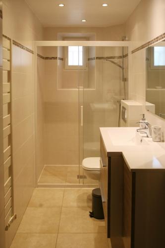 une salle de bain avec une douche, des toilettes et un lavabo dans l'établissement Charmant F5 à Saint Raphaël, à Saint-Raphaël