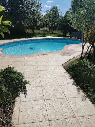 une petite piscine dans une cour arborée dans l'établissement Ferme Les Serieges, à Villenouvelle