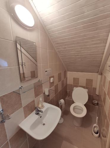 a bathroom with a sink and a toilet at Ubytovanie LISKA in Radava