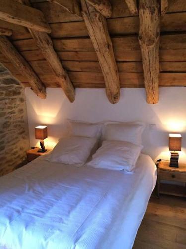 - une chambre avec un grand lit et des plafonds en bois dans l'établissement Grange rénovée aux portes du Parc des Cevennes, à Belvezet