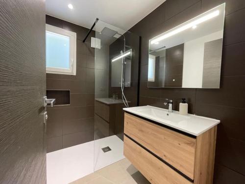 une salle de bain avec un lavabo et une douche avec un miroir dans l'établissement 61 Boulouris Villa, à Saint-Raphaël
