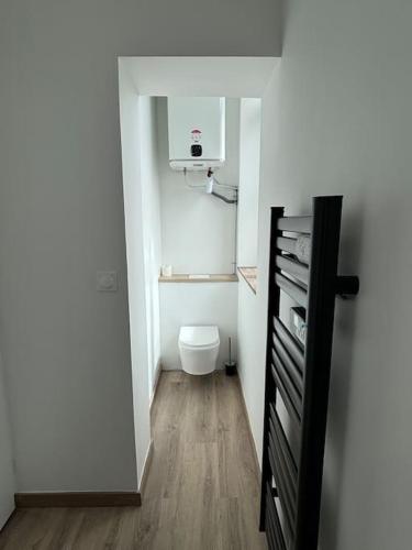 une petite salle de bain avec toilettes et un panier de basket dans l'établissement Duplex neuf à 15 min de LILLE, à Noyelles-lès-Seclin