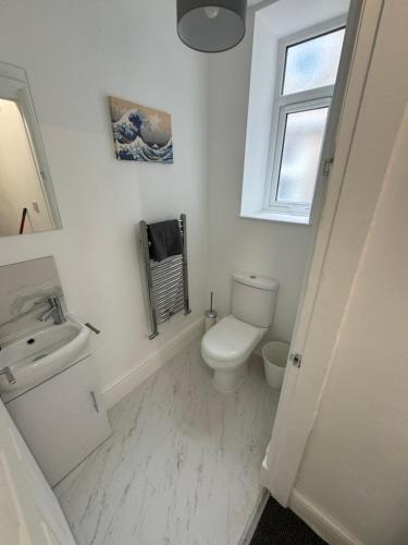 a bathroom with a toilet and a sink and a window at Theo apartment 150 meters from the winter gardens large groups welcome in Blackpool
