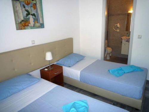 two twin beds in a room with a mirror at Villa Verde in Divarata in Divarata