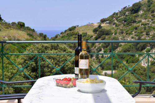 a bottle of wine and a bowl of fruit on a table at Villa Verde in Divarata in Divarata