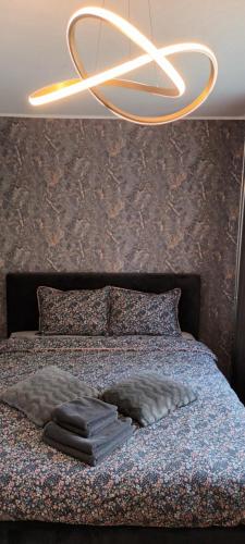 a bedroom with a bed with a chandelier at City Center Turu str apartments, parking, Tartu Home in Tartu