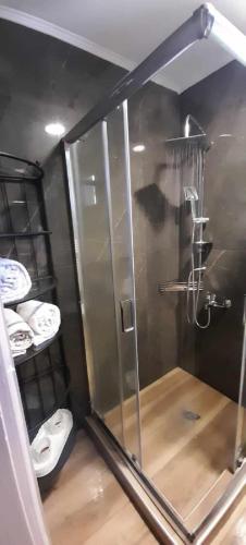 a shower with a glass door in a bathroom at Anna's Summer House in Nea Kalikratia
