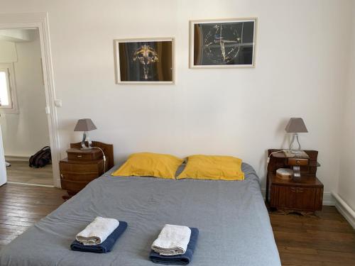 une chambre avec un lit avec deux serviettes dessus dans l'établissement *Cocooning Family*, à Tours