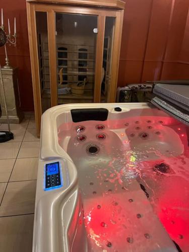 une baignoire blanche remplie de liquide rouge dans l'établissement Appartement jaccuzi de L orient, à Arles