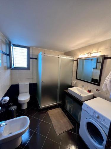 a bathroom with a shower and a toilet and a sink at VL Luxury Villa in Kiveri