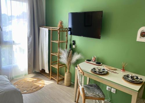 a room with a desk and a tv on a green wall at Boudoir - Clim-Wifi-Twin-Gare in Lourdes