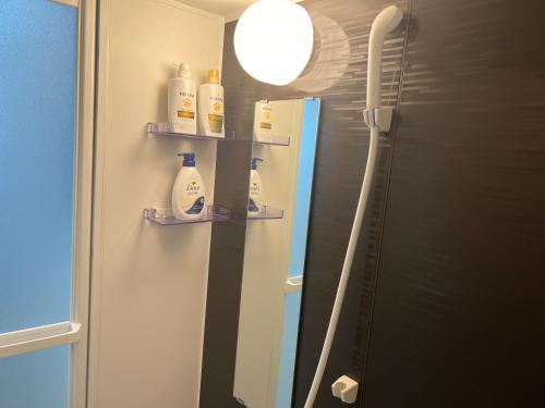 a bathroom with a refrigerator with a mirror and a shower at Ikebukuro Area 41 NishiikeApartment in Tokyo