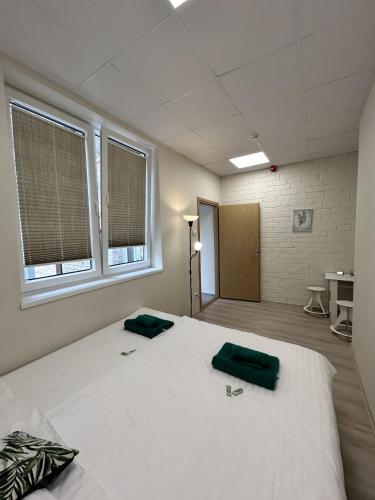 a bedroom with a bed with two green cushions on it at Jõesuu Guesthouse in Vääna-Jõesuu